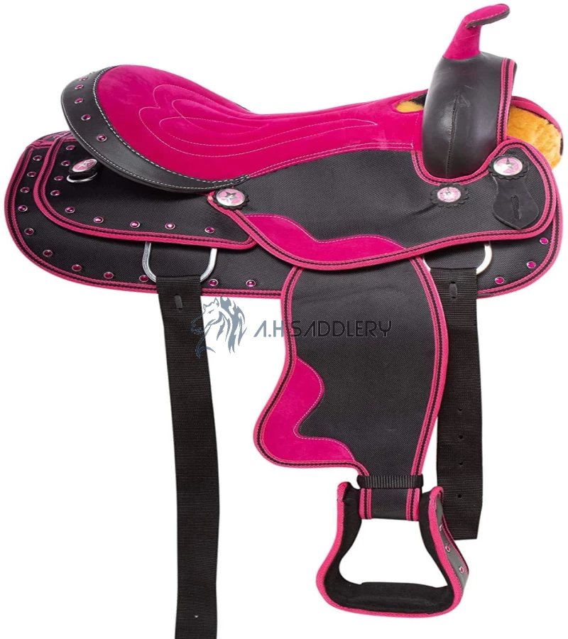 Synthetic Western Adult Horse Saddle Tack Barrel Racing with Matching Headstall + Breast Collar + Reins + Saddle Pad