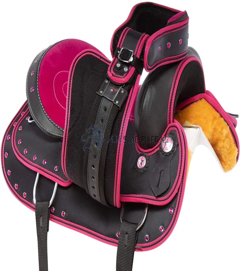 Synthetic Western Adult Horse Saddle Tack Barrel Racing with Matching Headstall + Breast Collar + Reins + Saddle Pad