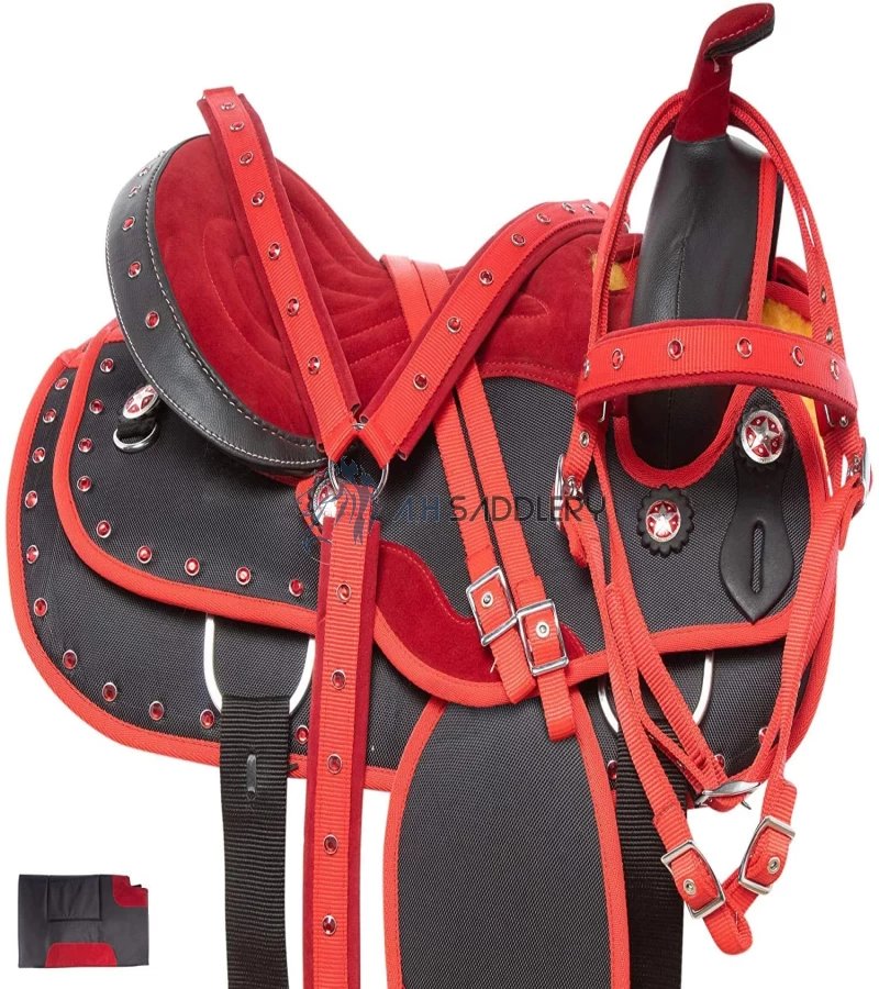 Synthetic Western Adult Horse Saddle Tack Barrel Racing with Matching Headstall + Breast Collar + Reins + Saddle Pad