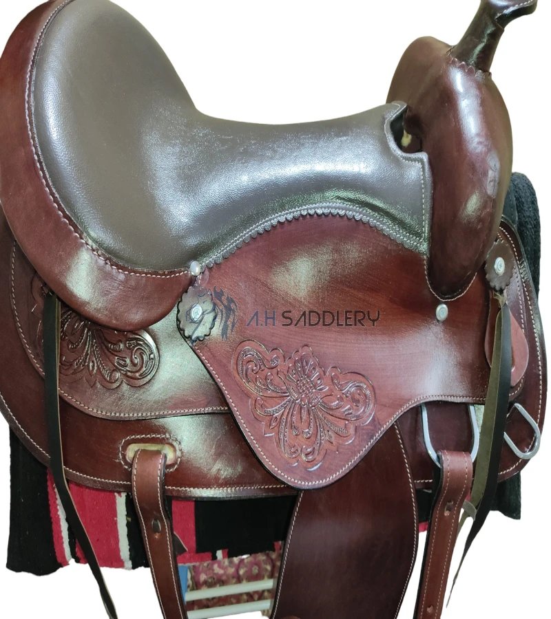 Premium Western Leather Barrel Racing Adult Horse Saddle with Matching Leather Headstall + Breast Collar + Reins | Color : Brown | Size 14 to 18 Inches Seat Available