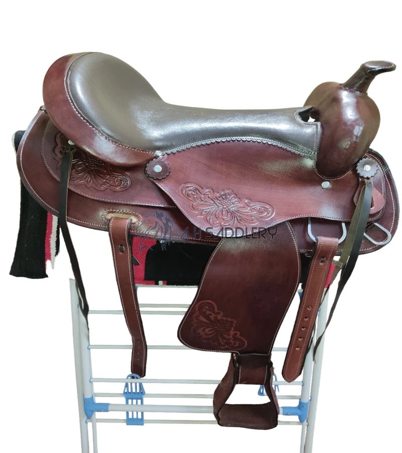 Premium Western Leather Barrel Racing Adult Horse Saddle with Matching Leather Headstall + Breast Collar + Reins | Color : Brown | Size 14 to 18 Inches Seat Available